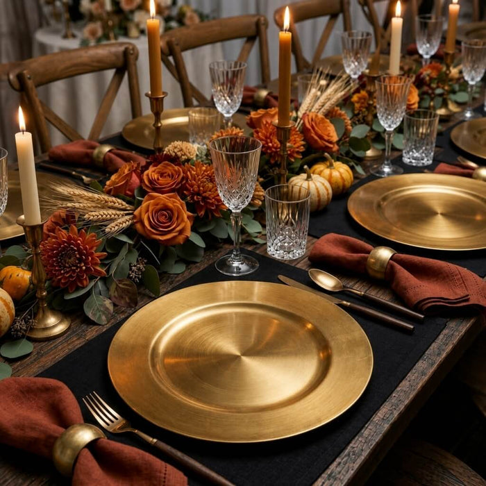 13 inch plain gold charger plate on a black placemat at a formal autumn table
