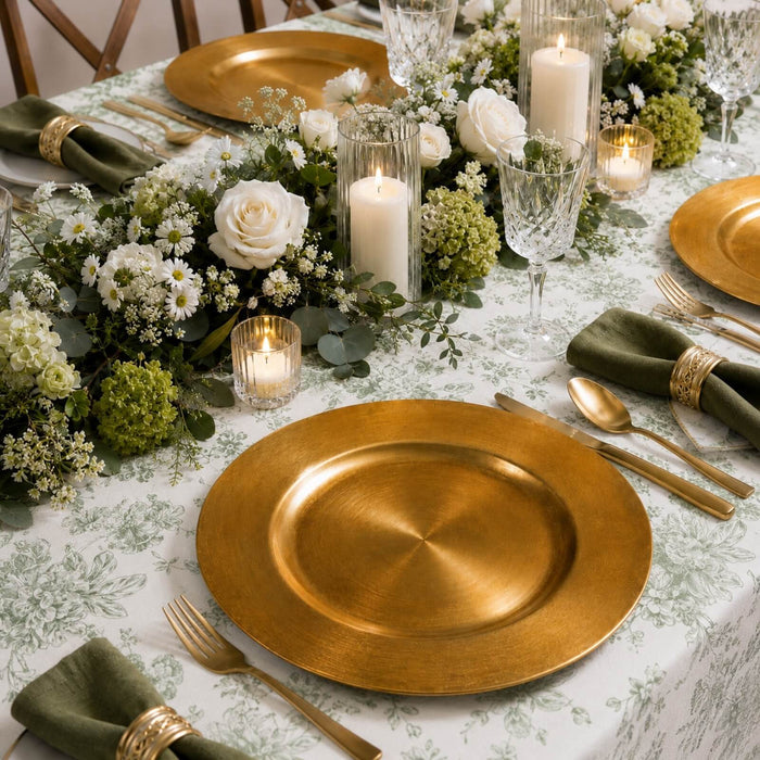 13 inch plain gold charger plate on a formal dinner table with floral centerpiece