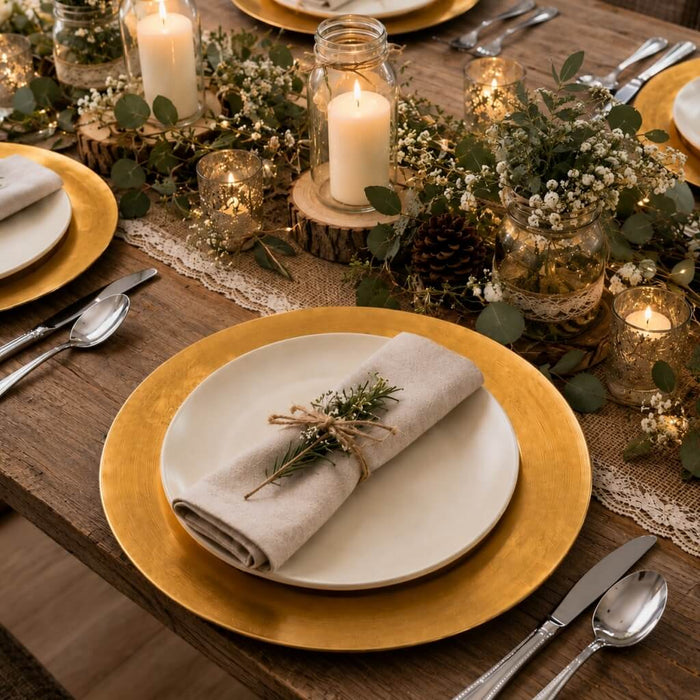 13 inch plain gold charger plate with napkin on a rustic dinner table