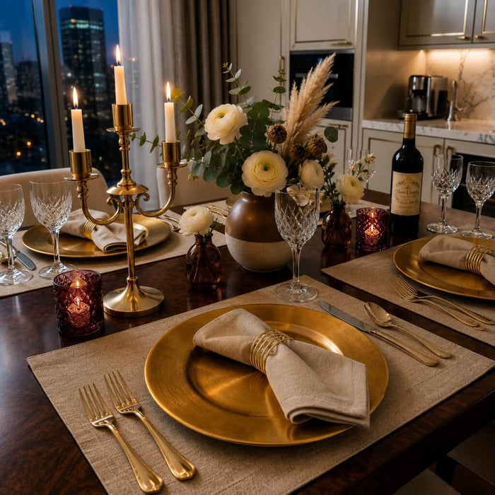 13 inch plain gold charger plate on a formal dinner table with a city view