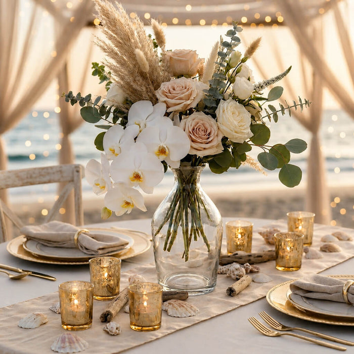 Quinn Vase with a coastal floral arrangement on a beach wedding table