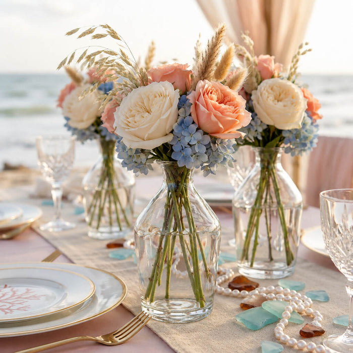 Quinn Vase with pastel flowers on a coastal table