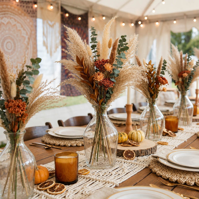 Quinn Vase with autumn floral arrangement on a rustic tablescape