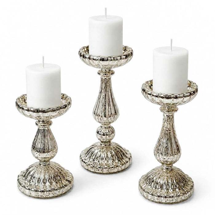 10" Ribbed Unique Mercury Glass Pillar Candle Holders with unlit white candles
