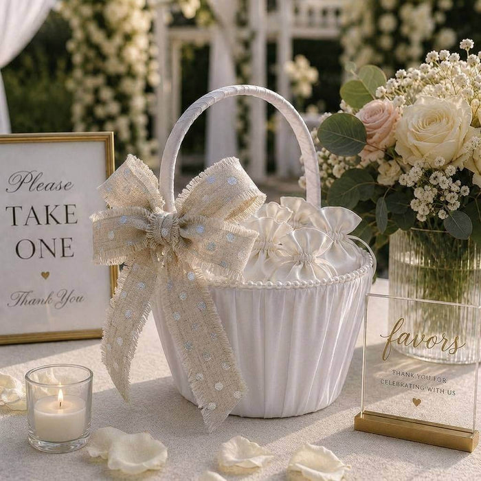 White basket decorated with linen ribbon bow and small favor bags