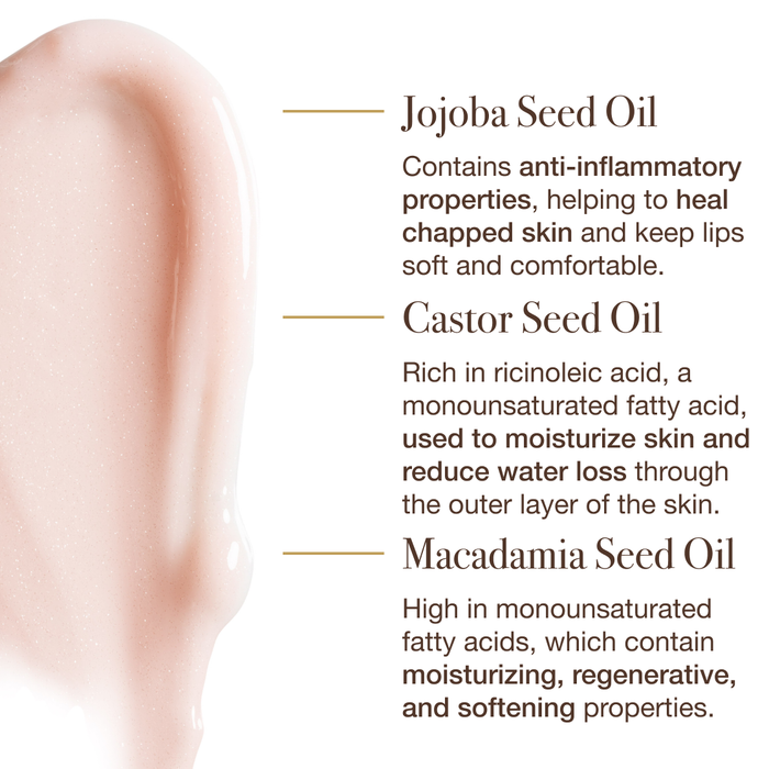 Text about jojoba, castor, and macadamia seed oils and their benefits.