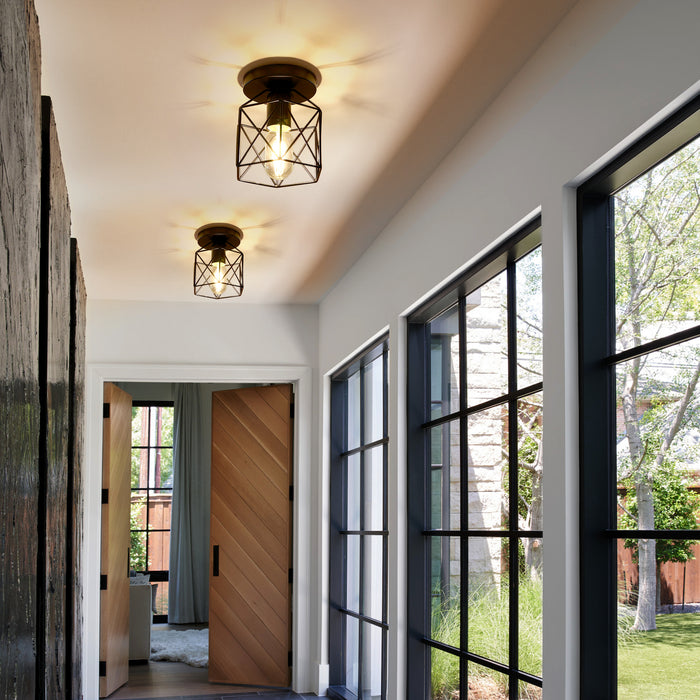 Semi-Flush Mount Ceiling Light with Metal Cage Shade - [lohasled]