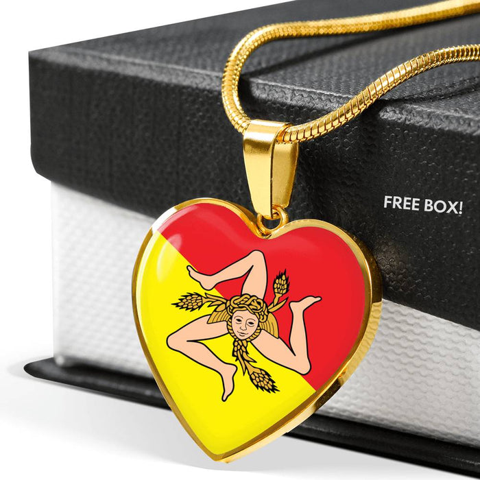 Sicilian Flag with Heart Pendant Necklace in Gold & Stainless Steel