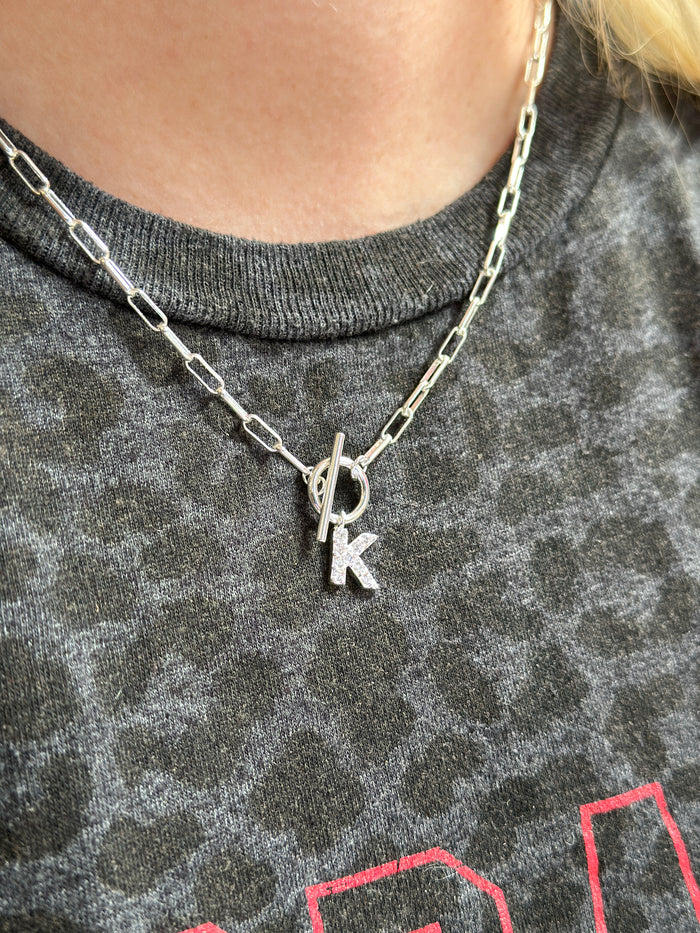 Silver sparkle mini toggle initial necklace CZ personalized for gift from Magnolias Home Decor
