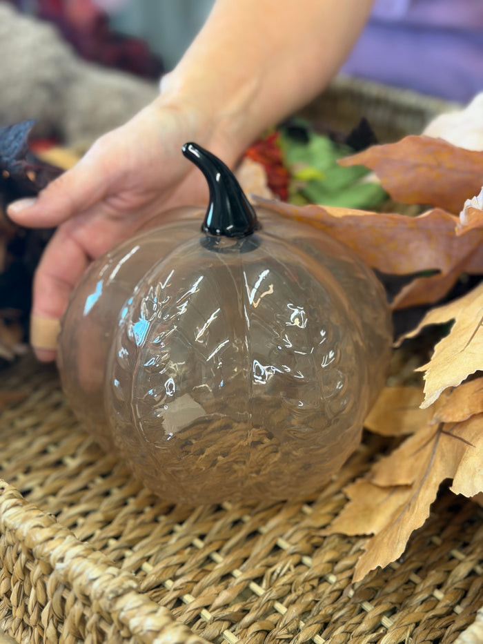 Glass beige sleepy hollow pumpkin accent for farmhouse transitional fall home decor from Magnolias Home Decor