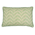 A green, pink and off white linen cushion featuring a beautiful small-scale pattern with a velvet piping.