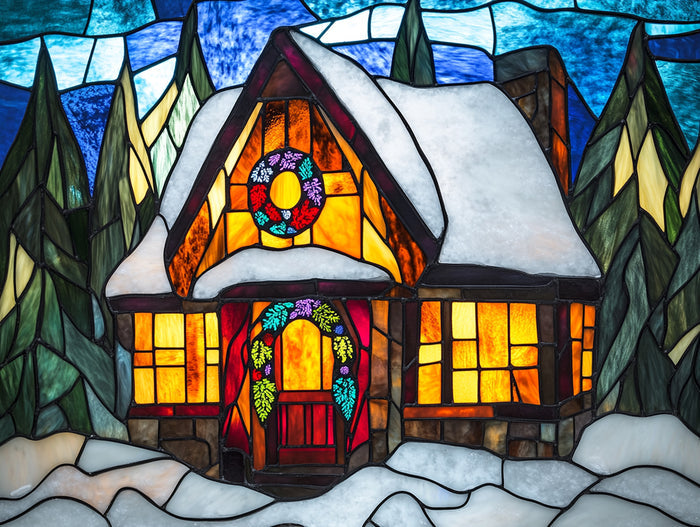 Stained Glass Cozy Winter Cottage