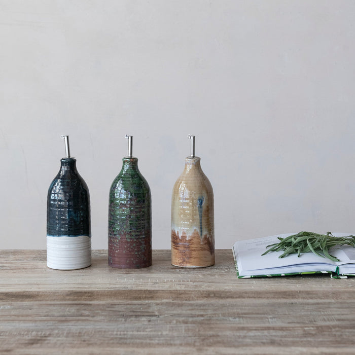 Stoneware Oil Cruet with Spout - 3 Colors