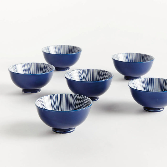 Stria 4.75" Bowls Set of 6 - dark blue and white striped ceramic dip bowls with modern striated pattern for serving and entertaining