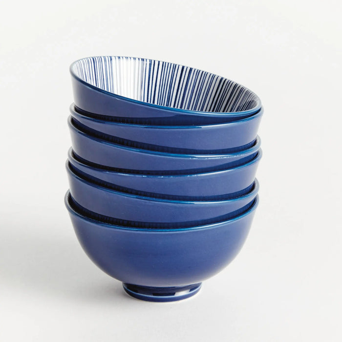 Stria 4.75" Bowls Set of 6 - dark blue and white striped ceramic dip bowls with modern striated pattern for serving and entertaining