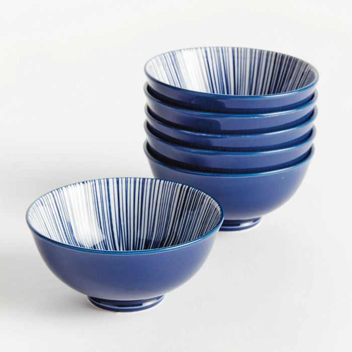 Stria 4.75" Bowls Set of 6 - dark blue and white striped ceramic dip bowls with modern striated pattern for serving and entertaining