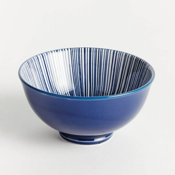 Stria 4.75" Bowls Set of 6 - dark blue and white striped ceramic dip bowls with modern striated pattern for serving and entertaining