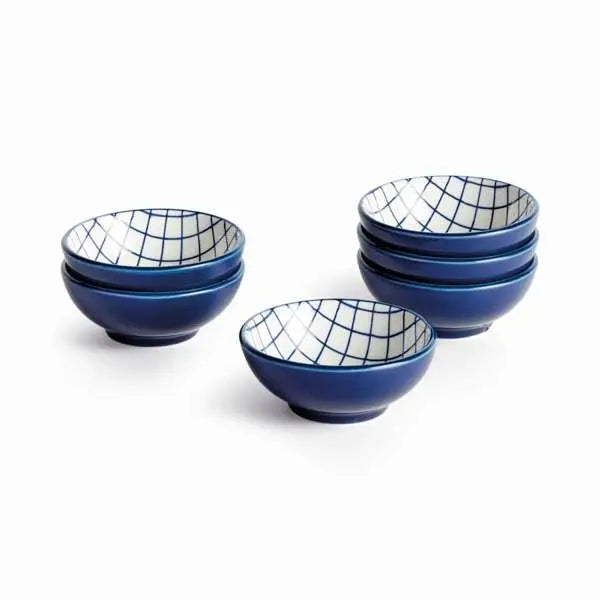 Stria Grid Dip Bowls Set of 6 - dark blue and white ceramic bowls with modern grid pattern for serving dips, sauces and appetizers