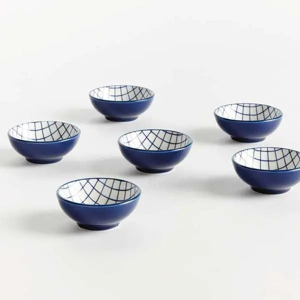 Stria Grid Dip Bowls Set of 6 - dark blue and white ceramic bowls with modern grid pattern for serving dips, sauces and appetizers