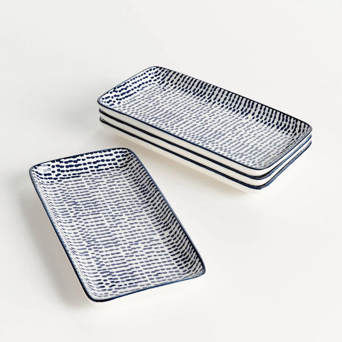 Stria Speckled 8" Trays Set of 4 - dark blue and white ceramic serving trays with speckled pattern for appetizers and entertaining