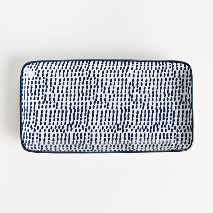 Stria Speckled 8" Trays Set of 4 - dark blue and white ceramic serving trays with speckled pattern for appetizers and entertaining