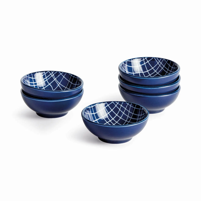 Stria Weaves Dip Bowls Set of 6 - dark blue and white ceramic bowls with modern woven striated pattern for serving dips, sauces and appetizers