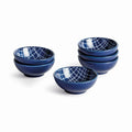 Stria Weaves Dip Bowls Set of 6 - dark blue and white ceramic bowls with modern woven striated pattern for serving dips, sauces and appetizers