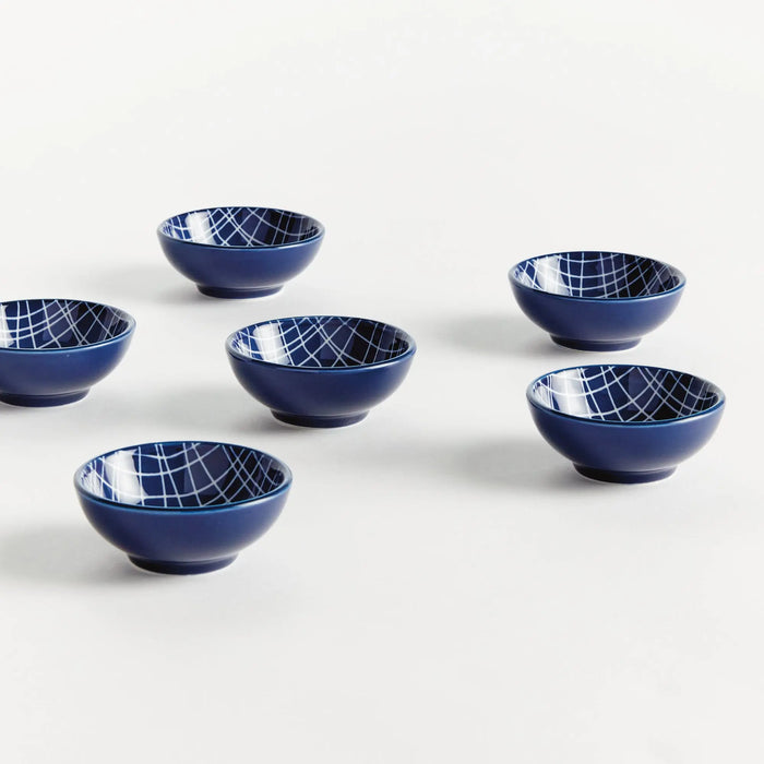Stria Weaves Dip Bowls Set of 6 - dark blue and white ceramic bowls with modern woven striated pattern for serving dips, sauces and appetizers