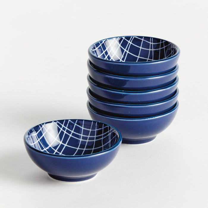 Stria Weaves Dip Bowls Set of 6 - dark blue and white ceramic bowls with modern woven striated pattern for serving dips, sauces and appetizers