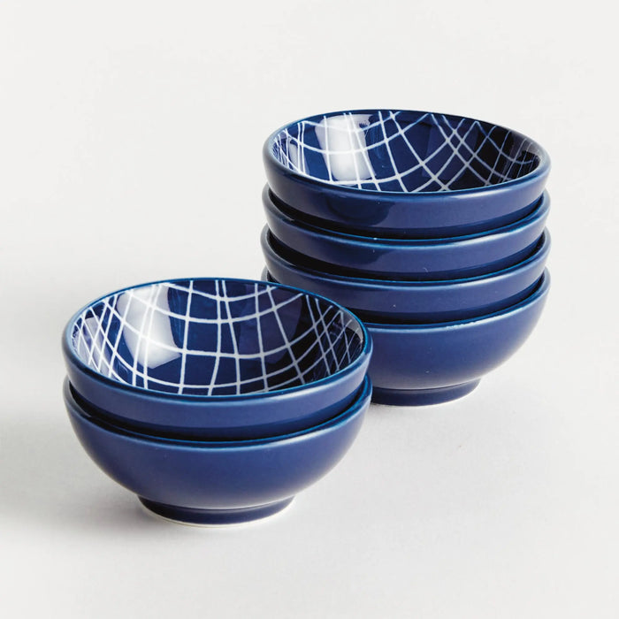 Stria Weaves Dip Bowls Set of 6 - dark blue and white ceramic bowls with modern woven striated pattern for serving dips, sauces and appetizers