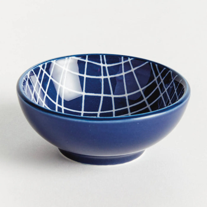 Stria Weaves Dip Bowls Set of 6 - dark blue and white ceramic bowls with modern woven striated pattern for serving dips, sauces and appetizers