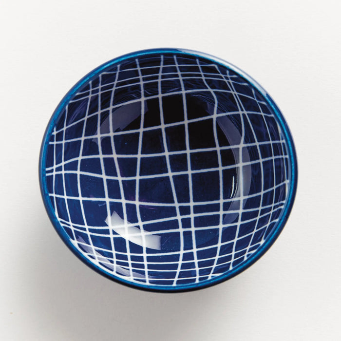 Stria Weaves Dip Bowls Set of 6 - dark blue and white ceramic bowls with modern woven striated pattern for serving dips, sauces and appetizers