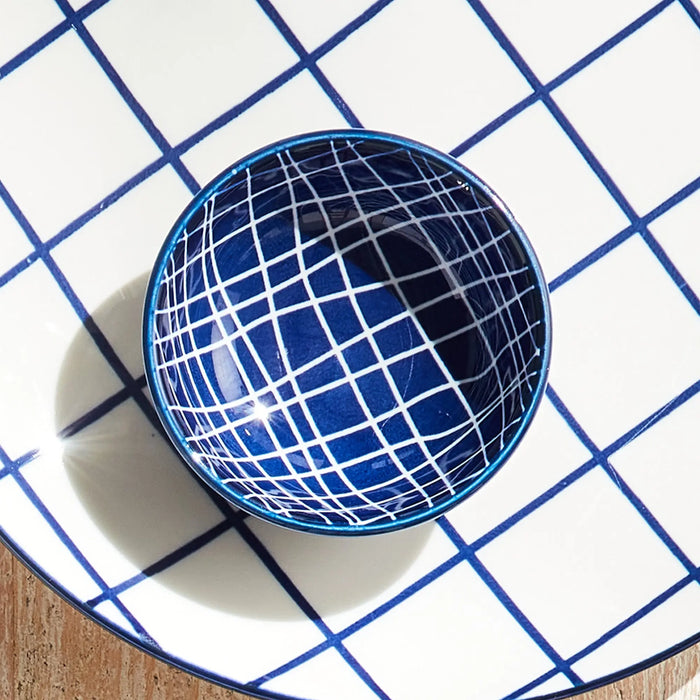 Stria Weaves Dip Bowls Set of 6 - dark blue and white ceramic bowls with modern woven striated pattern for serving dips, sauces and appetizers