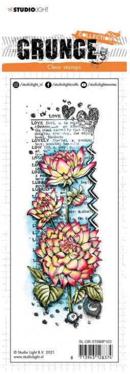 Studio Light - Clear Stamp - Dahlia Flower Love Grunge. This mixed media style stamp features images of Dahlia Flowers in a collage style.  Size: 3 x 8.3 inches. Available at Embellish Away located in Bowmanville Ontario Canada.