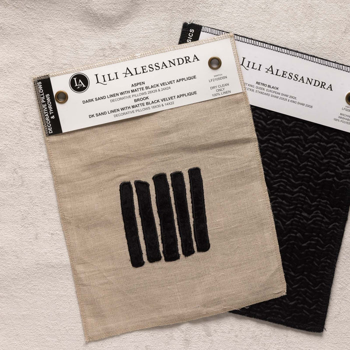 Swatch - Aspen & Brook Dec. Pillows Dark Sand Linen - Black Velvet Appliqué 8.5X11