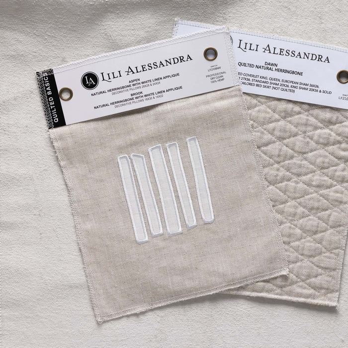 Swatch - Aspen & Brook Dec. Pillows Natural Herringbone - White Linen Applique 8.5X11
