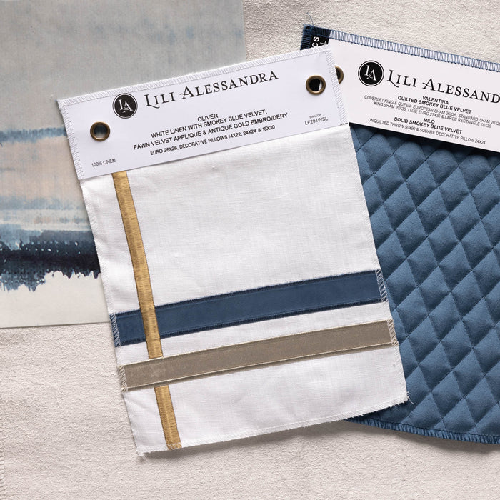 Swatch - Oliver Dec. Pillows White Linen - Smokey Blue & Fawn Velvet Applique - Gold Embroidery 8.5X11
