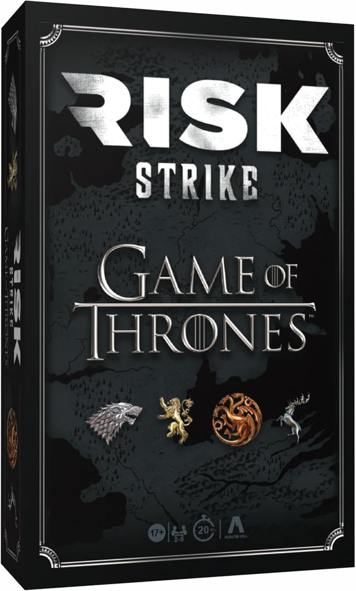 USAopoly Risk Strike Game of Thrones board game box with game logos on a dark background