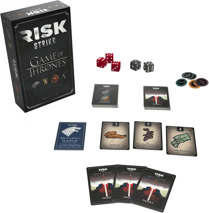 USAopoly Risk Game of Thrones board game components including box, cards, and dice on a white background