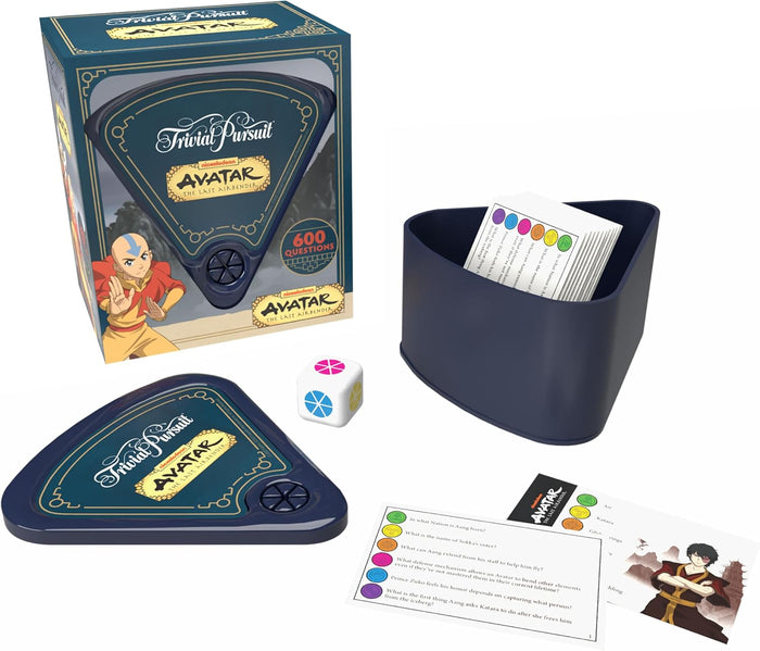 USAopoly Trivia Pursuit Avatar game set with packaging, cards, and components on a white background