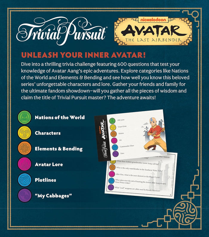 USAopoly Trivial Pursuit game box for Avatar: The Last Airbender with text and graphics on a blue background
