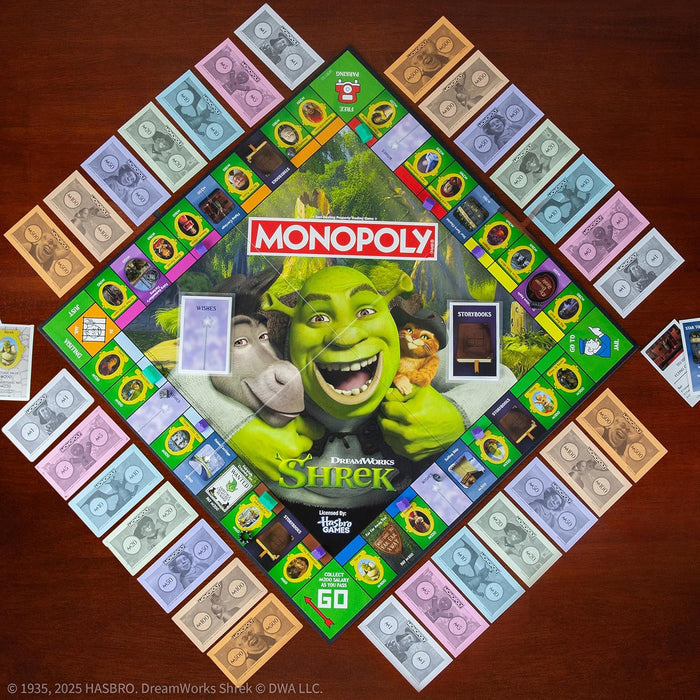 USAopoly Shrek-themed Monopoly board game set on a wooden table