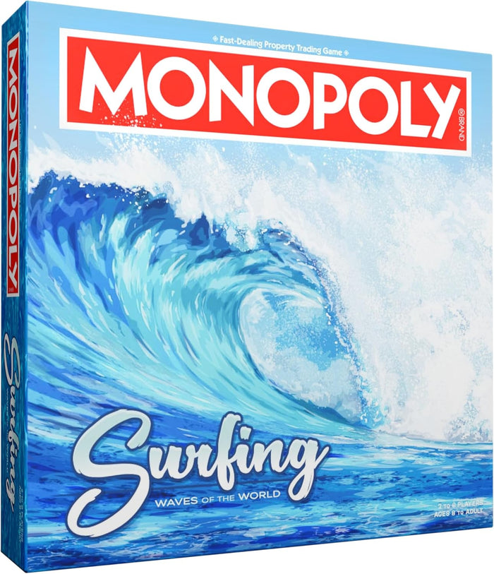 USAopoly Monopoly Surfing board game box with a wave design on a blue background