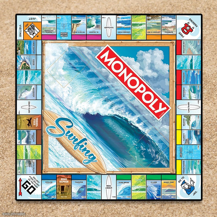 USAopoly Monopoly Surfing board game set with colorful tiles and a surfboard design.