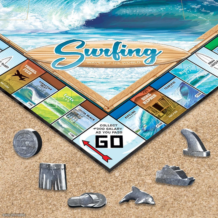 Board game set with 'Surfing' theme on a beach background