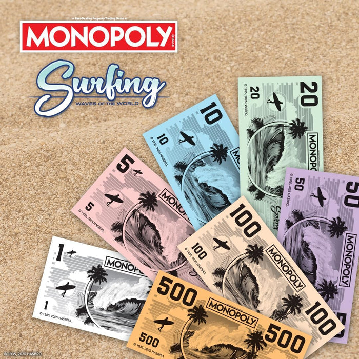 Monopoly Surfing game money cards on a cork background