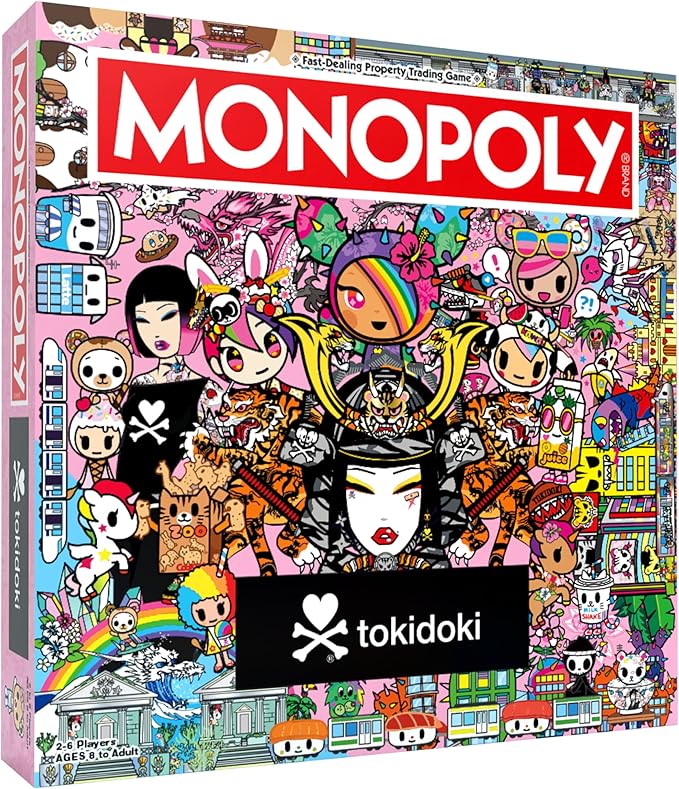 USAopoly Monopoly board game box featuring tokidoki characters and designs.
