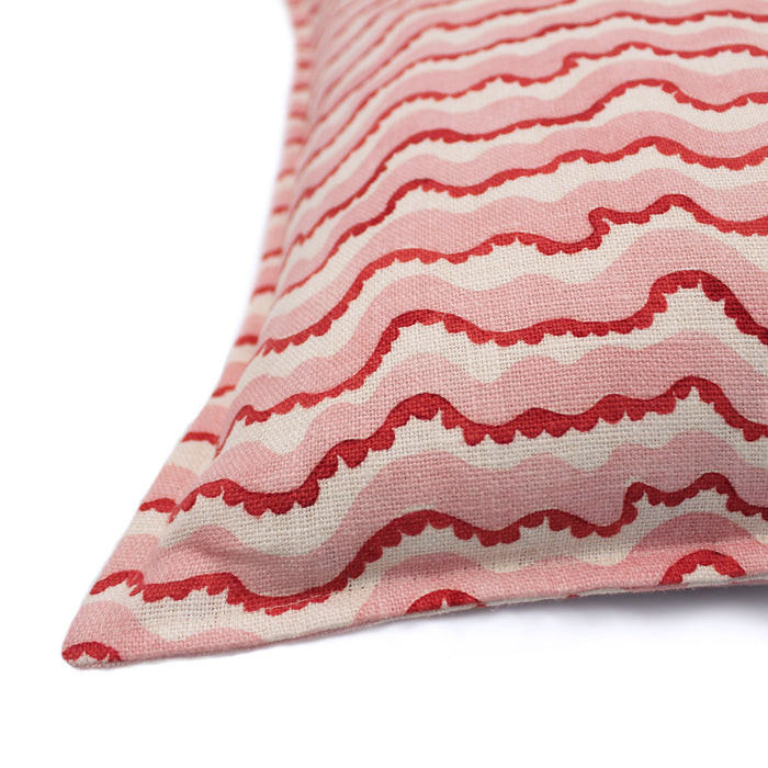 A playful pink cushion made from a breezy linen fabric featuring a charming decorative pattern - on the front and back - and finished with a sleek, Oxford edge