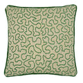 A green and off white woven cushion featuring a wavy pattern with a velvet piping.