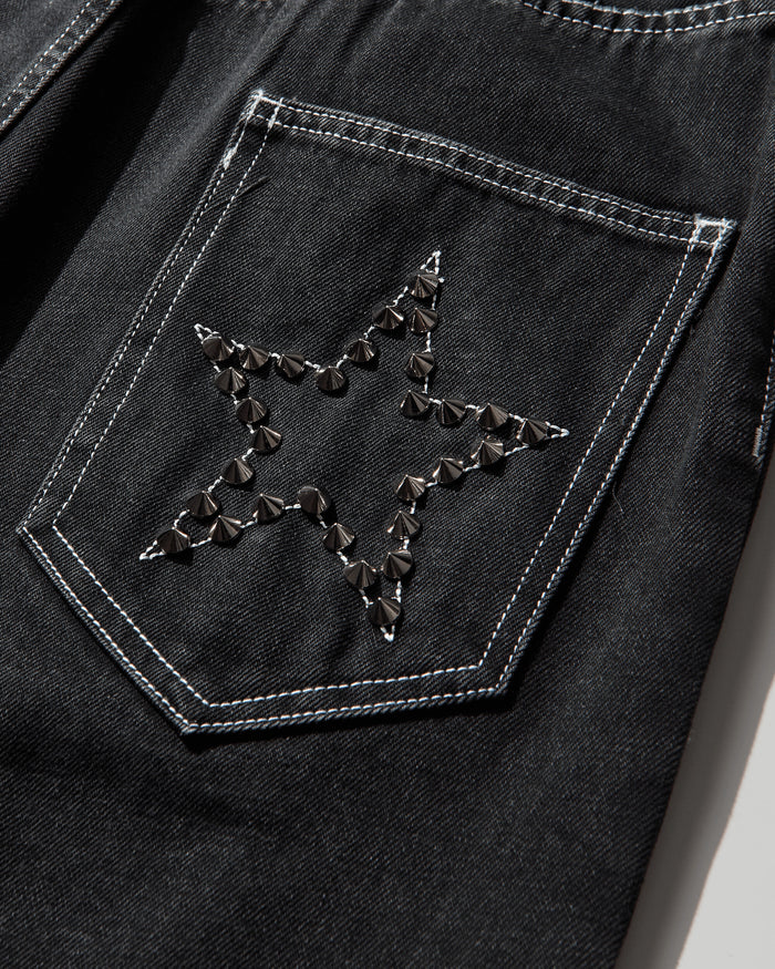 Nii Hai Wmns Baggy Jeans In Grey Wash With Studs Black Pants Denim AW23TRSBDBJ SPK